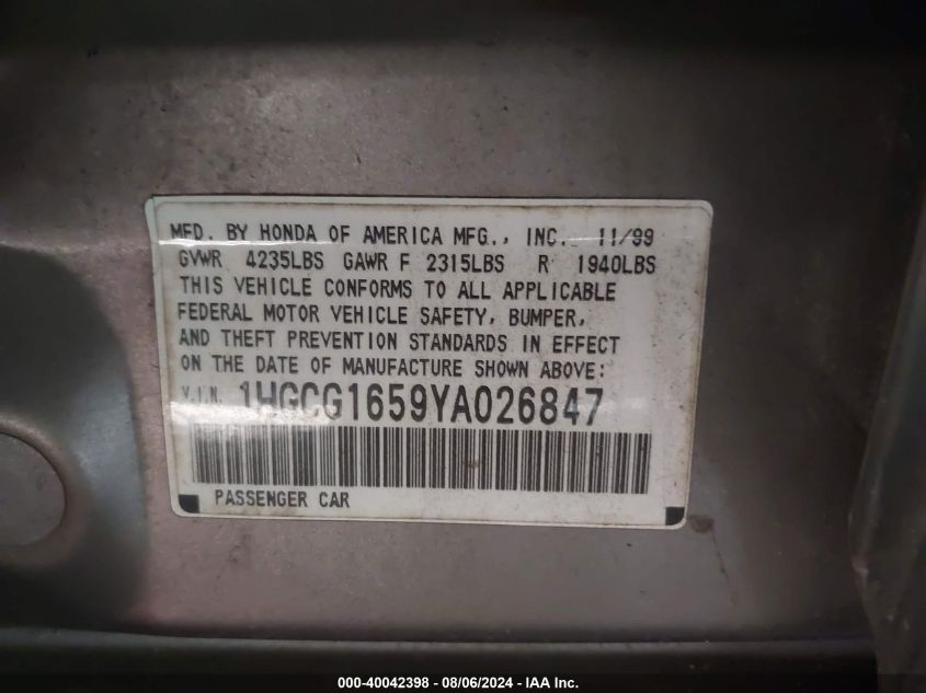 2000 Honda Accord 3.0 Ex VIN: 1HGCG1659YA026847 Lot: 40042398