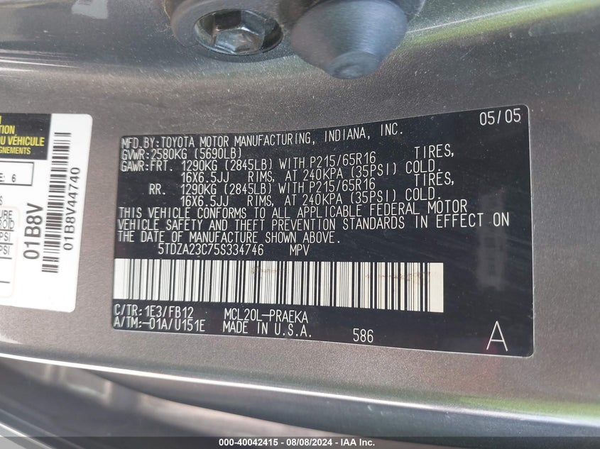 2005 Toyota Sienna Ce/Le VIN: 5TDZA23C75S334746 Lot: 40042415