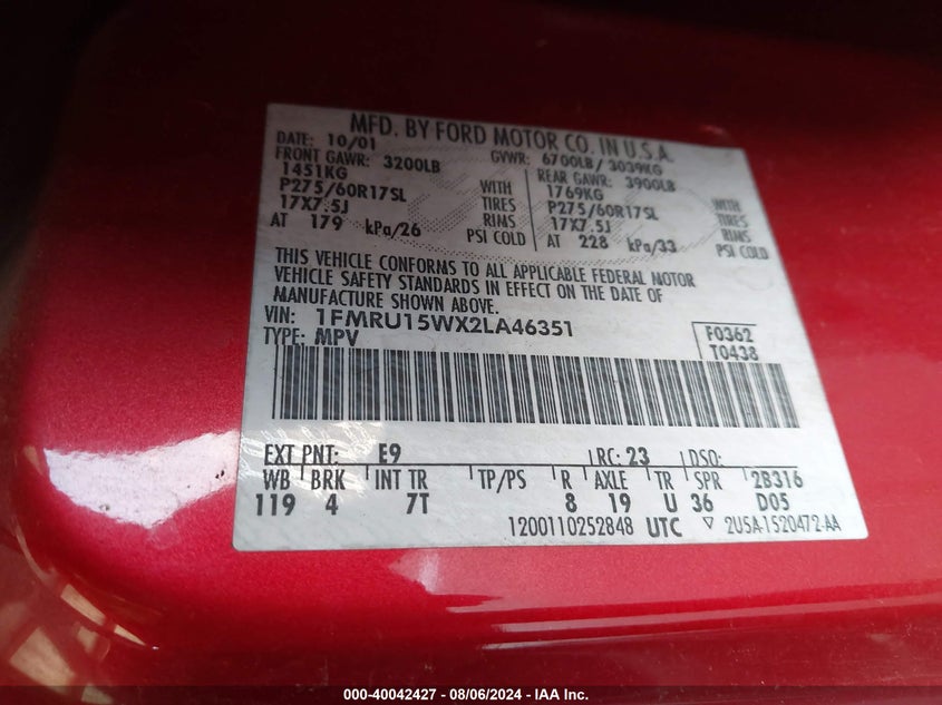 2002 Ford Expedition Xlt VIN: 1FMRU15WX2LA46351 Lot: 40042427