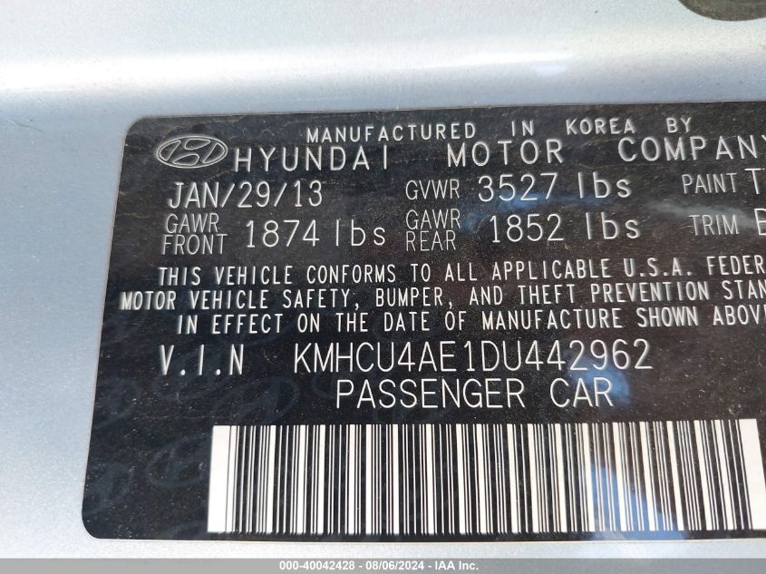 2013 Hyundai Accent Gls VIN: KMHCU4AE1DU442962 Lot: 40042428