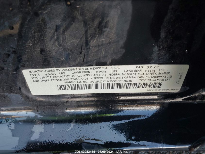 2008 Volkswagen Jetta Se VIN: 3VWRZ71K28M019080 Lot: 40042435