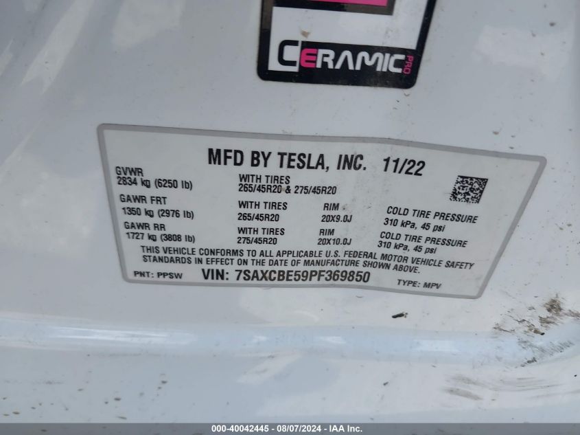 2023 Tesla Model X Dual Motor All-Wheel Drive/Standard Range VIN: 7SAXCBE59PF369850 Lot: 40042445