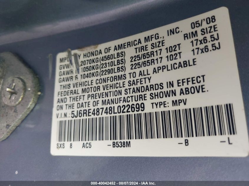 2008 Honda Cr-V Ex-L VIN: 5J6RE48748L022699 Lot: 40042452