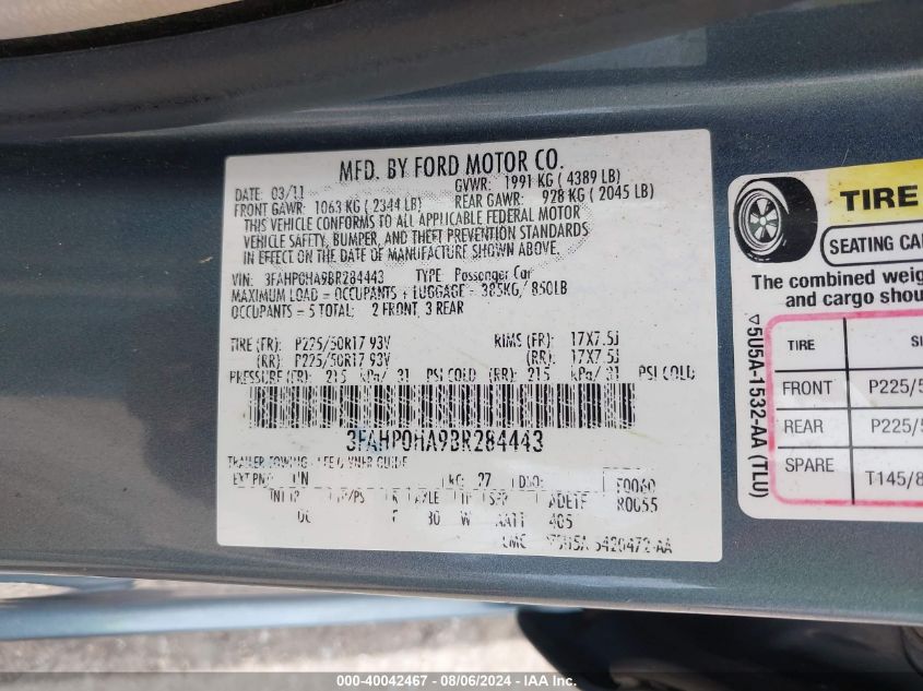 2011 Ford Fusion Se VIN: 3FAHP0HA9BR284443 Lot: 40042467