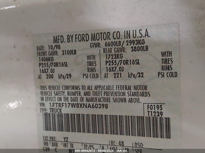 1FTRF17W8XNA60398 | 1999 FORD F-150