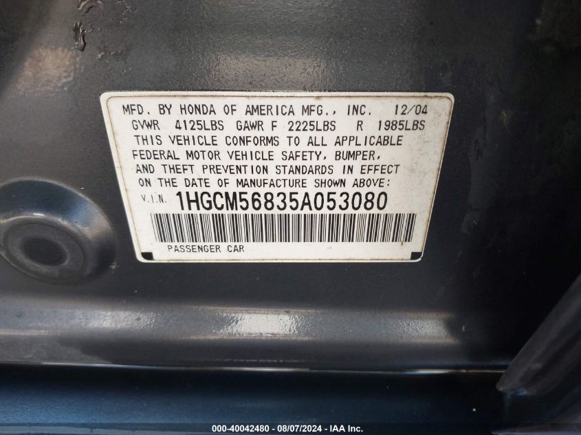 2005 Honda Accord 2.4 Ex VIN: 1HGCM56835A053080 Lot: 40042480