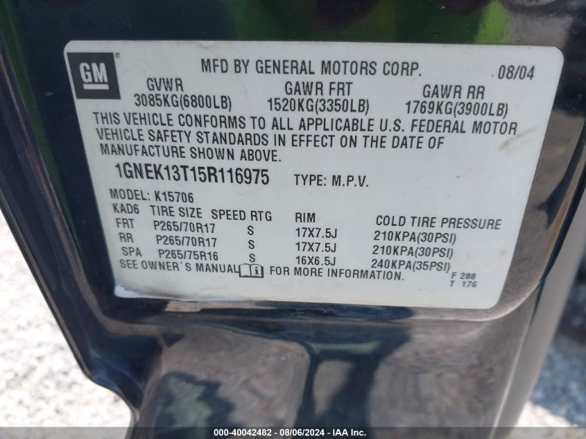 2005 Chevrolet Tahoe Z71 VIN: 1GNEK13T15R116975 Lot: 40042482