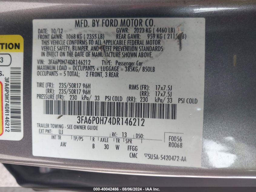 2013 Ford Fusion Se VIN: 3FA6P0H74DR146212 Lot: 40042486