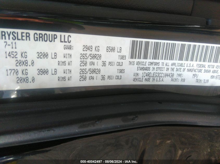 2012 Dodge Durango Citadel VIN: 1C4RDJEG3CC104430 Lot: 40042497