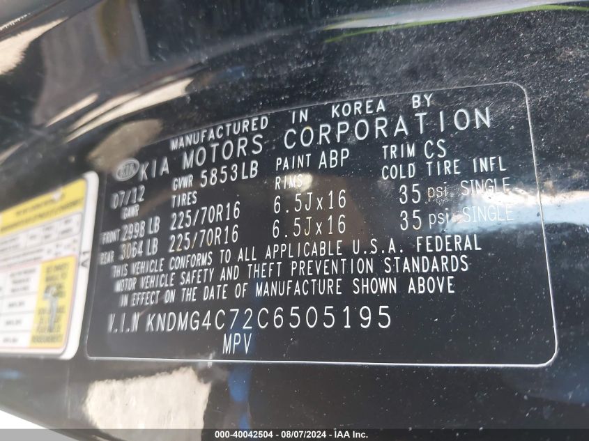 2012 Kia Sedona Lx VIN: KNDMG4C72C6505195 Lot: 40042504