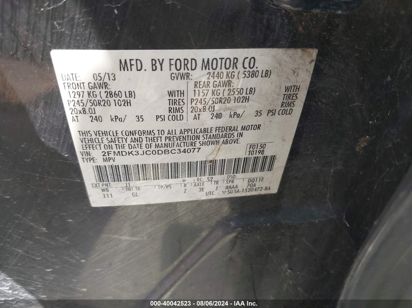 2013 Ford Edge Sel VIN: 2FMDK3JC0DBC34077 Lot: 40042523