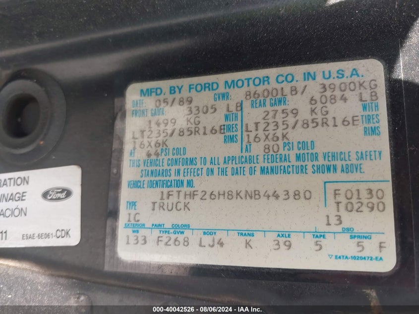 1989 Ford F250 VIN: 1FTHF26H8KNB44380 Lot: 40042526