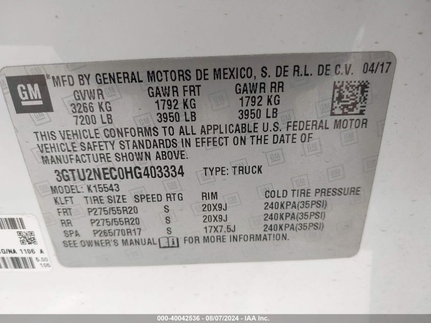 3GTU2NEC0HG403334 2017 GMC Sierra 1500 Slt