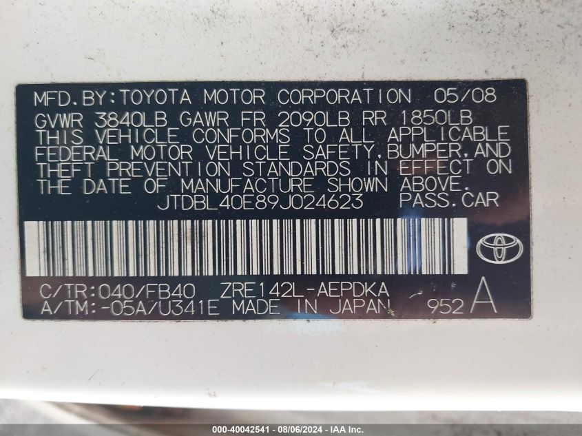 2009 Toyota Corolla VIN: JTDBL40E89J024623 Lot: 40042541