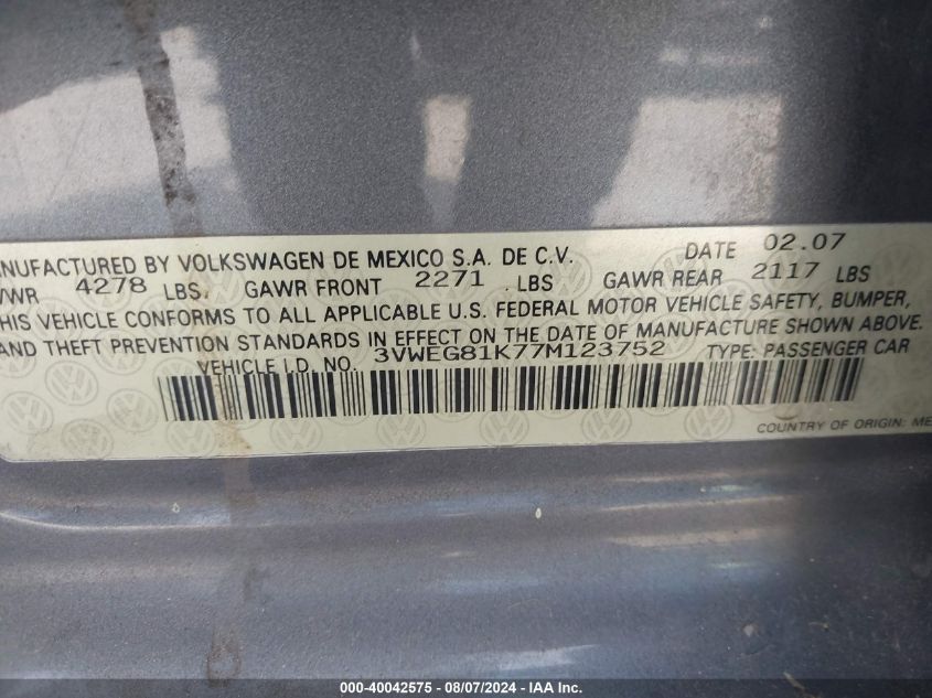 2007 Volkswagen Jetta Wolfsburg Edition VIN: 3VWEG81K77M123752 Lot: 40042575
