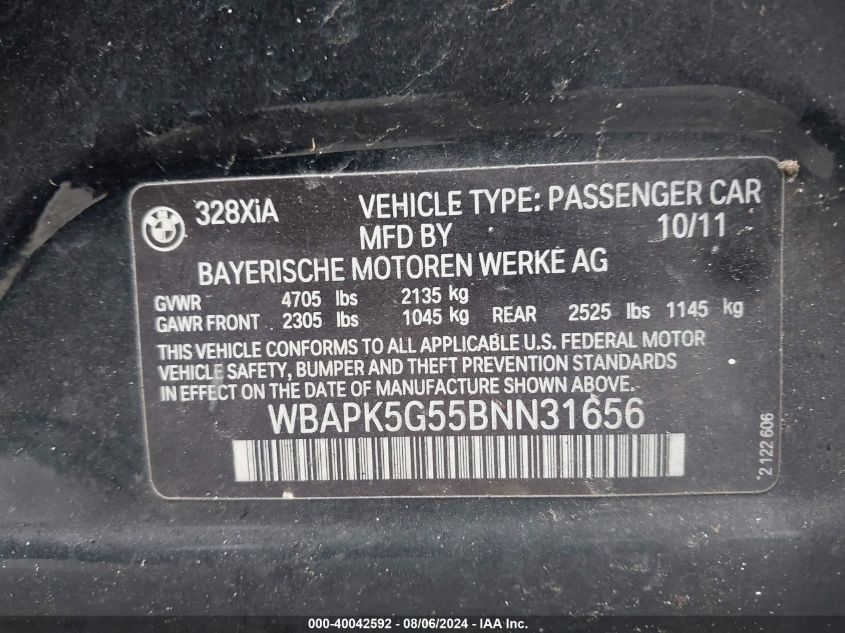 2011 BMW 328 Xi Sulev VIN: WBAPK5G55BNN31656 Lot: 40042592