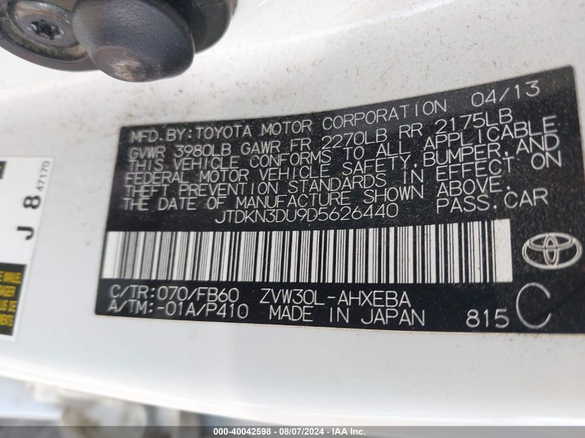 2013 Toyota Prius VIN: JTDKN3DU9D5626440 Lot: 40042598