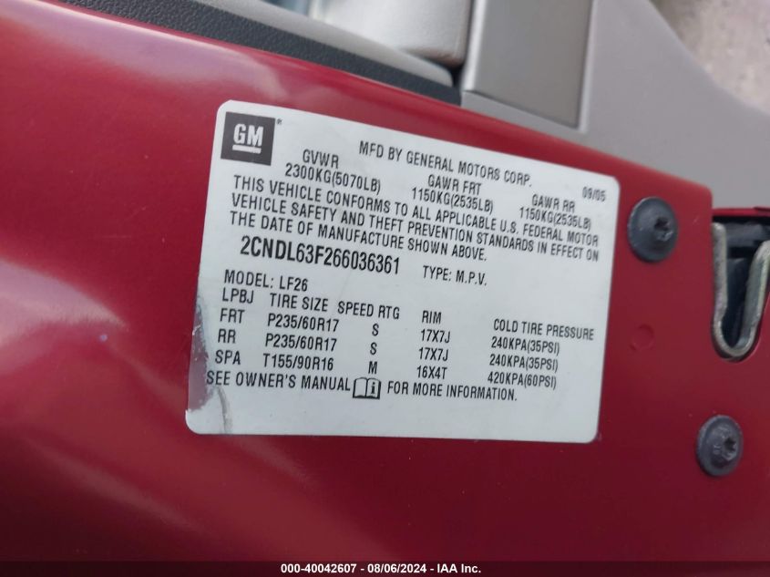 2006 Chevrolet Equinox Lt VIN: 2CNDL63F266036361 Lot: 40042607