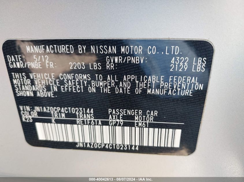 2012 Nissan Leaf Sv VIN: JN1AZ0CP4CT023144 Lot: 40042613