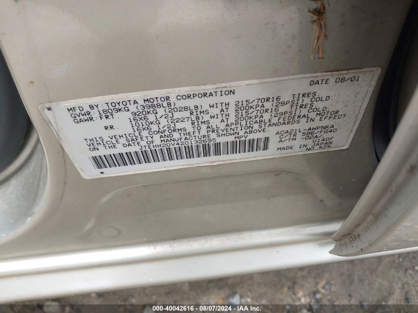 2002 Toyota Rav4 VIN: JTEHH20V420132695 Lot: 40042616