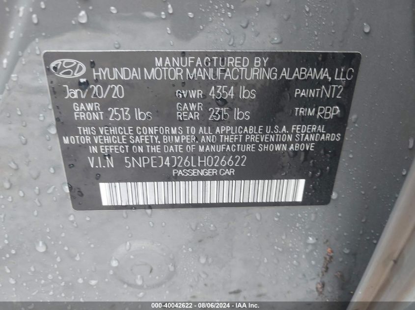 2020 Hyundai Sonata Sel Plus VIN: 5NPEJ4J26LH026622 Lot: 40042622