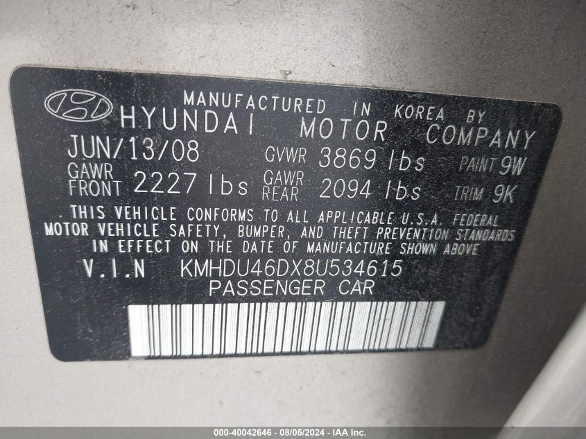 2008 Hyundai Elantra Gls/Se VIN: KMHDU46DX8U534615 Lot: 40042646