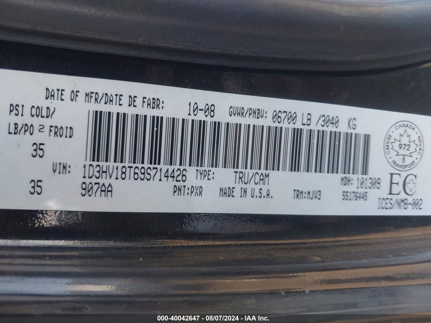 2009 Dodge Ram 1500 Slt/Sport VIN: 1D3HV18T69S714426 Lot: 40042647