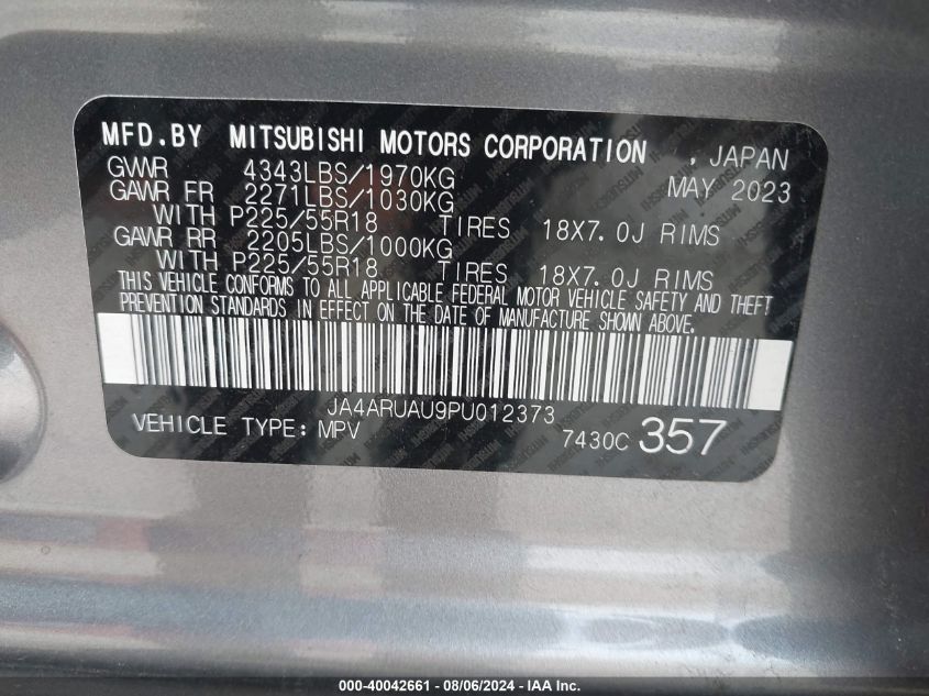 2023 Mitsubishi Outlander Sport 2.0 Se Awc VIN: JA4ARUAU9PU012373 Lot: 40042661