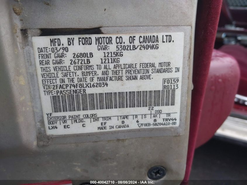 1990 Ford Crown Victoria Lx VIN: 2FACP74F8LX162034 Lot: 40042710