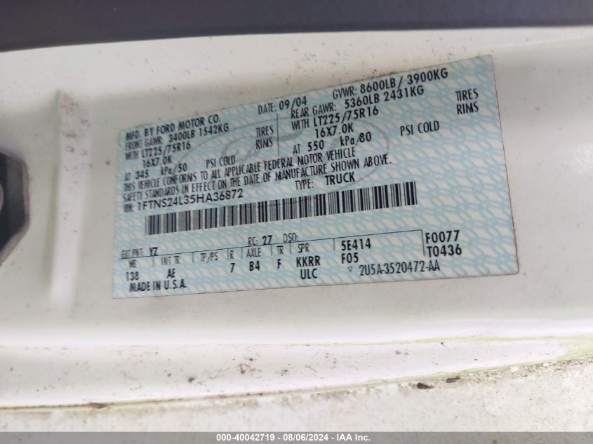 2005 Ford E-250 Commercial/Recreational VIN: 1FTNS24L35HA36872 Lot: 40042719