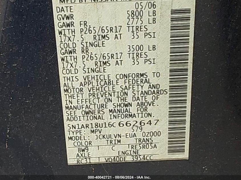 2006 Nissan Pathfinder Le VIN: 5N1AR18U16C662647 Lot: 40042721