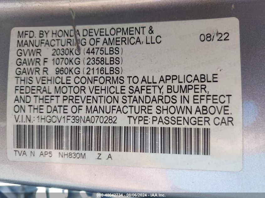 2022 Honda Accord Sport VIN: 1HGCV1F39NA070282 Lot: 40042734