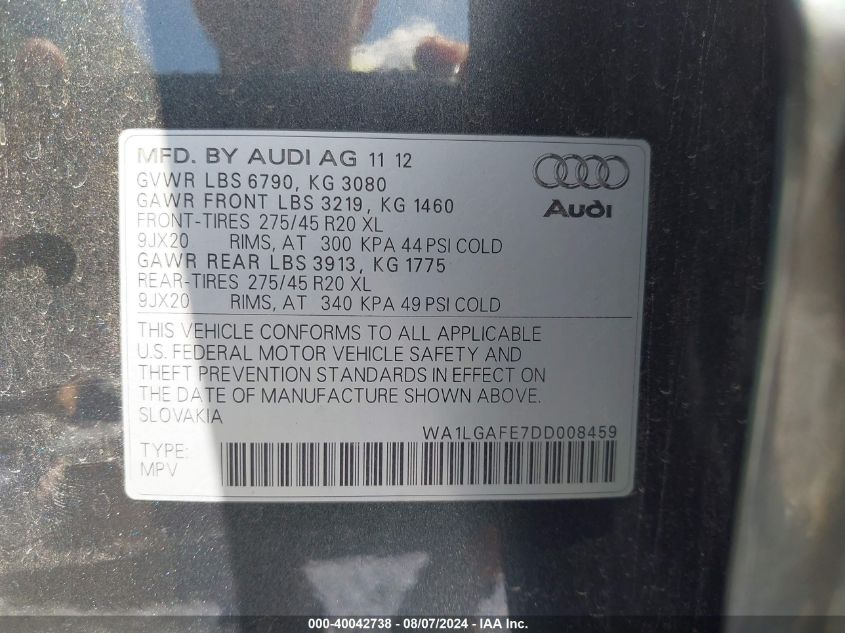 2013 Audi Q7 3.0T Premium VIN: WA1LGAFE7DD008459 Lot: 40042738