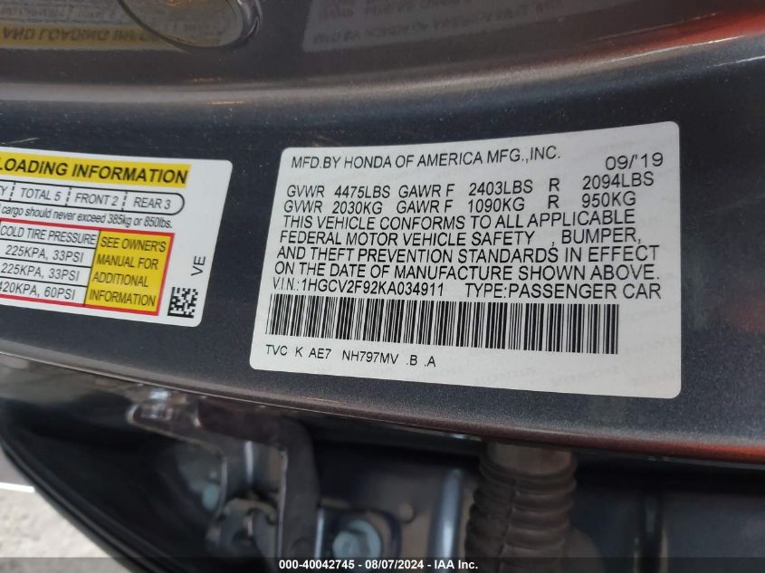 1HGCV2F92KA034911 2019 Honda Accord Touring 2.0T