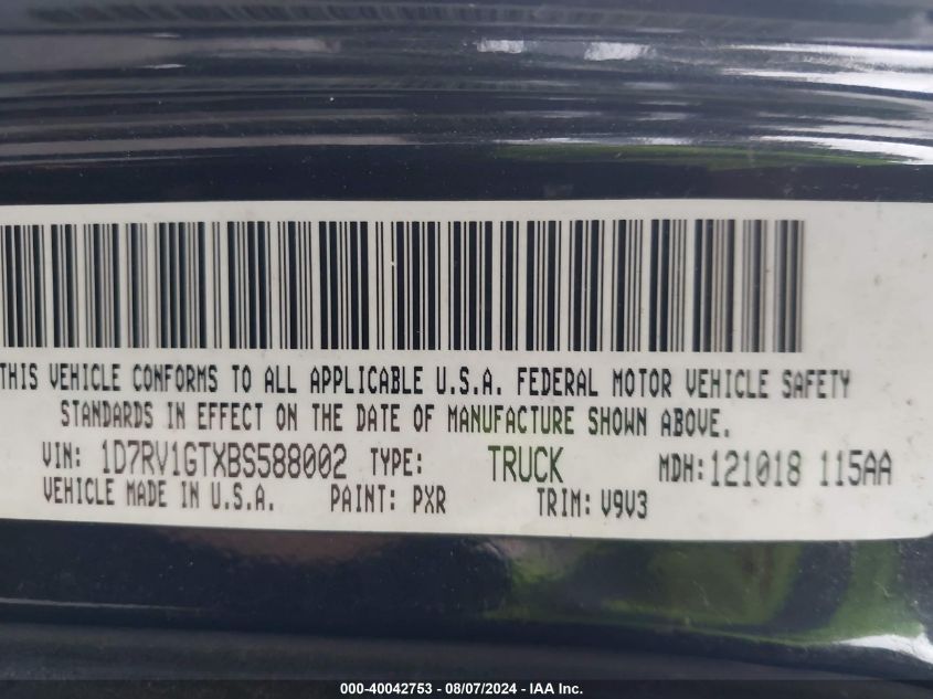 2011 Dodge Ram 1500 VIN: 1D7RV1GTXBS588002 Lot: 40042753