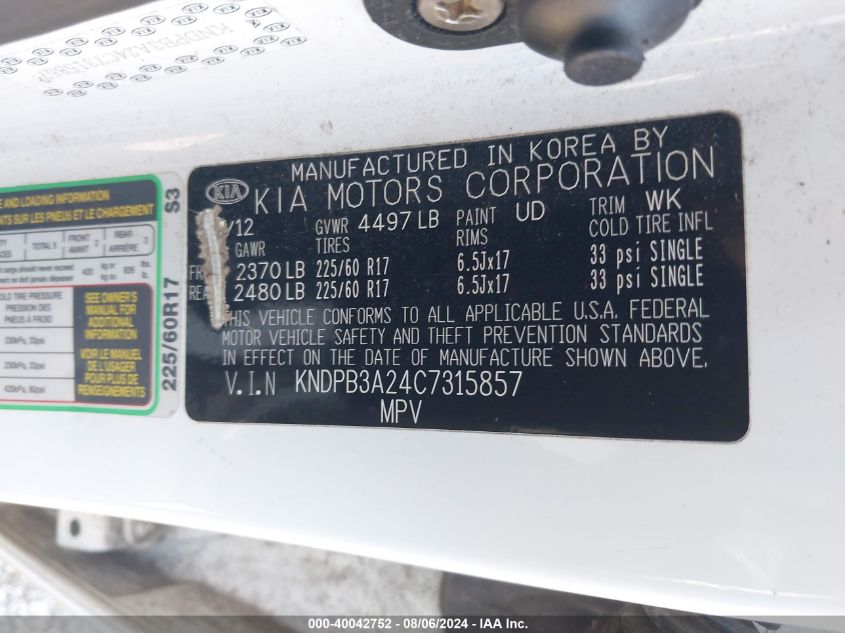 2012 Kia Sportage Lx VIN: KNDPB3A24C7315857 Lot: 40042752
