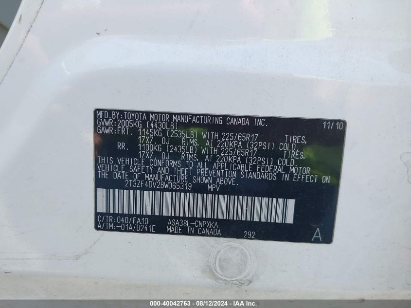 2011 Toyota Rav4 VIN: 2T3ZF4DV2BW065319 Lot: 40042763