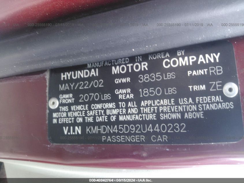 2002 Hyundai Elantra Gls VIN: KMHDN45D92U440232 Lot: 40042764