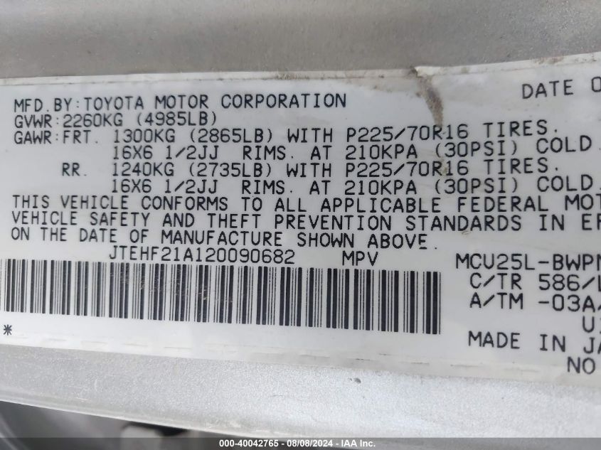 2002 Toyota Highlander Limited V6 VIN: JTEHF21A120090682 Lot: 40042765