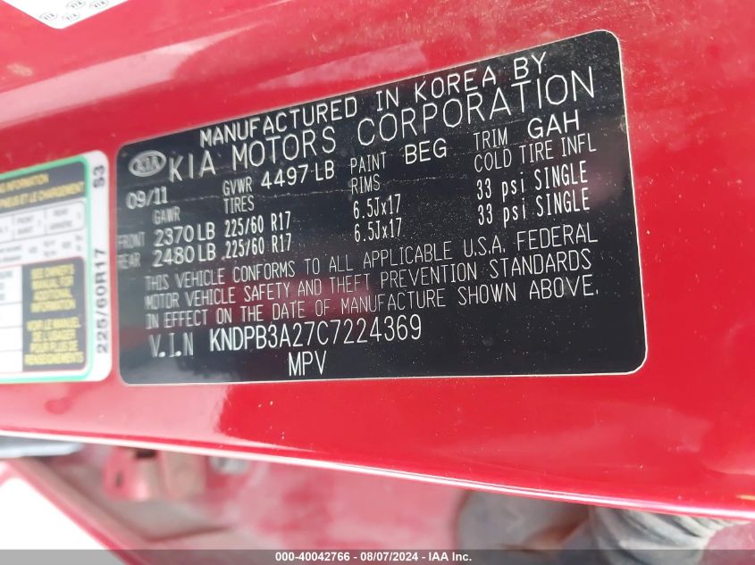 2012 Kia Sportage Lx VIN: KNDPB3A27C7224369 Lot: 40042766