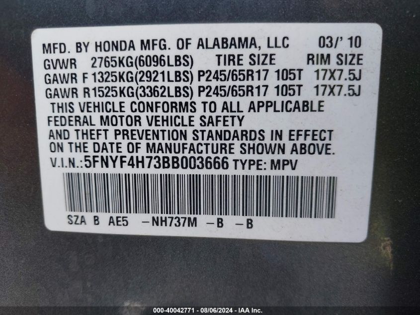 2011 Honda Pilot Ex-L VIN: 5FNYF4H73BB003666 Lot: 40042771