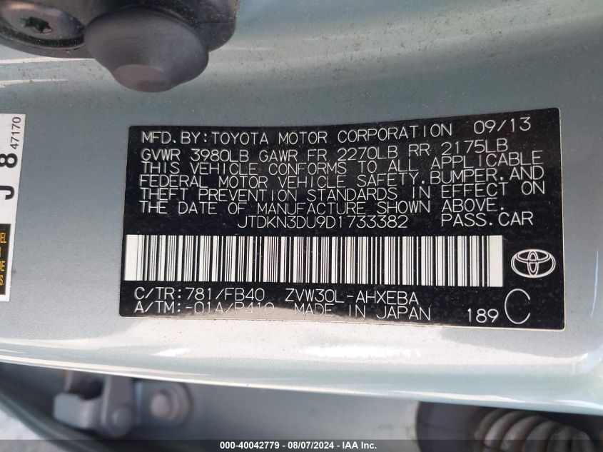 2013 Toyota Prius Three VIN: JTDKN3DU9D1733382 Lot: 40042779