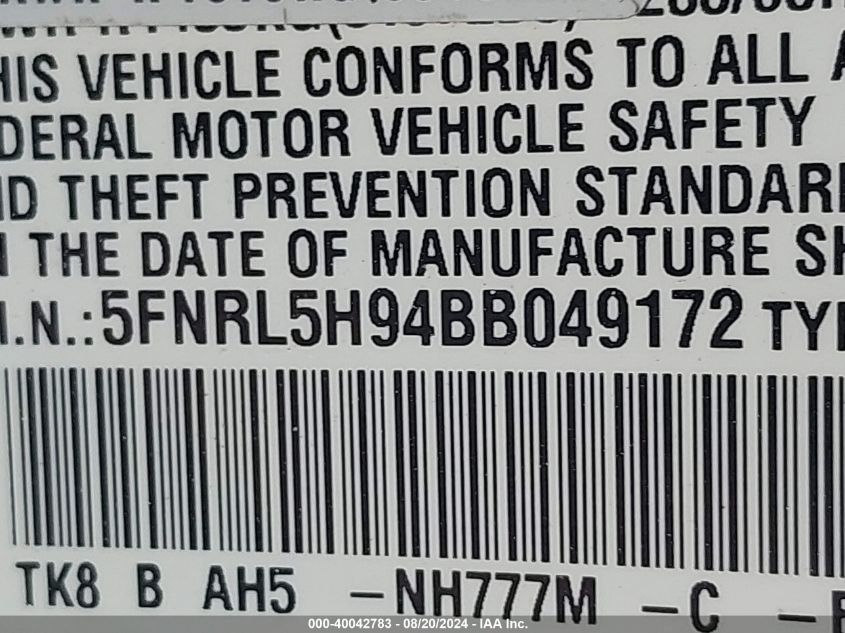 2011 Honda Odyssey Touring/Touring Elite VIN: 5FNRL5H94BB049172 Lot: 40042783