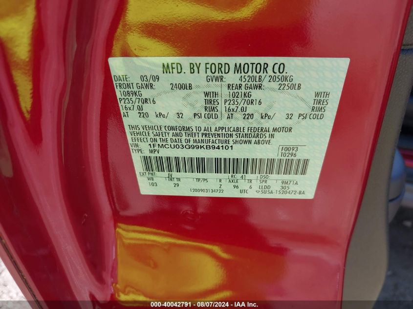 2009 Ford Escape Xlt VIN: 1FMCU03G99KB94101 Lot: 40042791