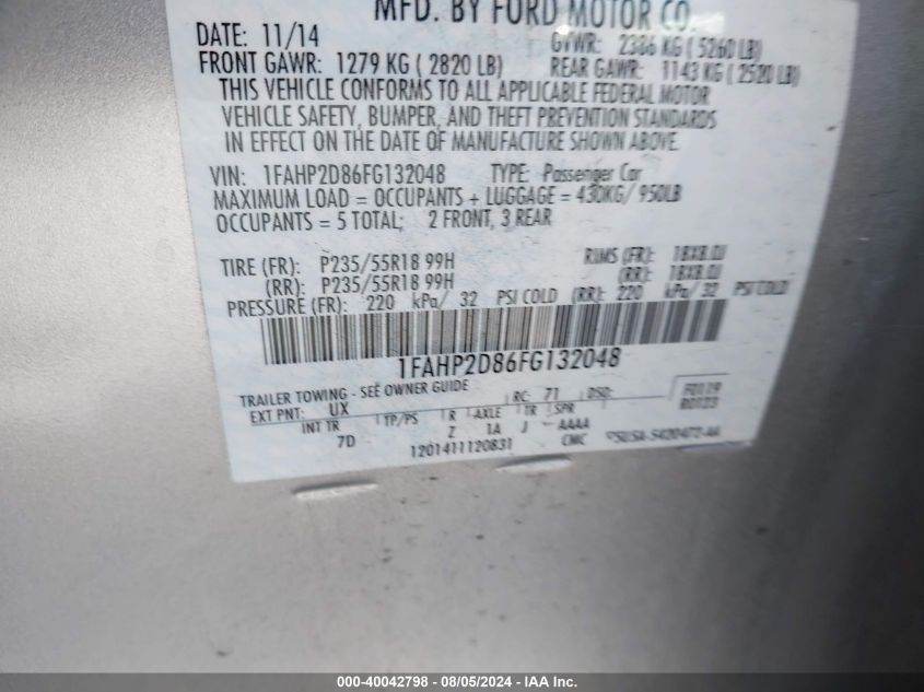 2015 Ford Taurus Se VIN: 1FAHP2D86FG132048 Lot: 40042798