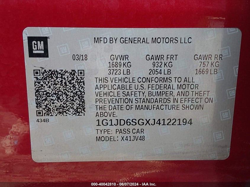 2018 CHEVROLET SONIC LT AUTO - 1G1JD6SGXJ4122194