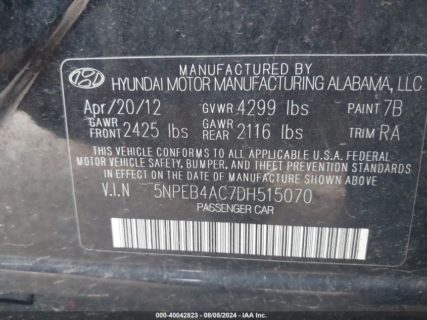 2013 Hyundai Sonata Gls VIN: 5NPEB4AC7DH515070 Lot: 40042823