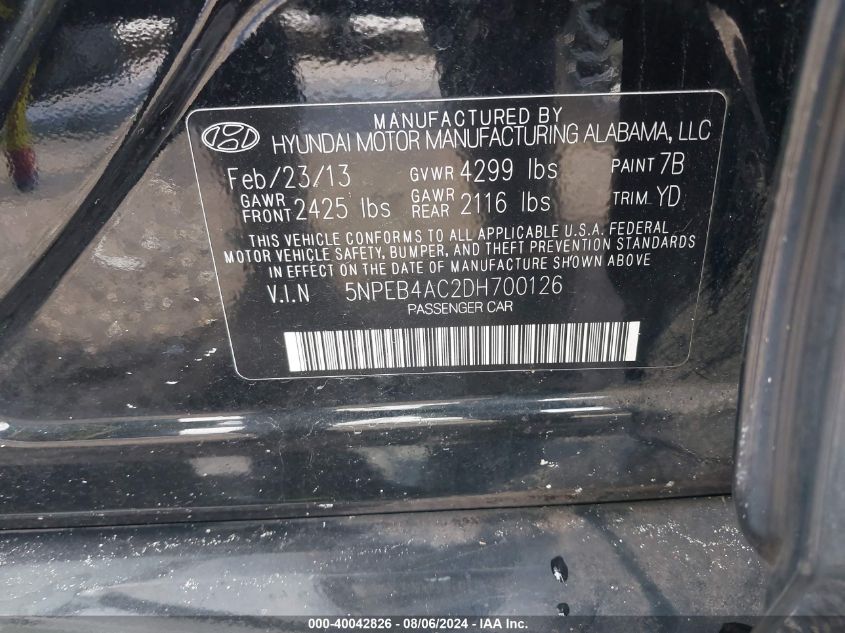 2013 Hyundai Sonata Gls VIN: 5NPEB4AC2DH700126 Lot: 40042826