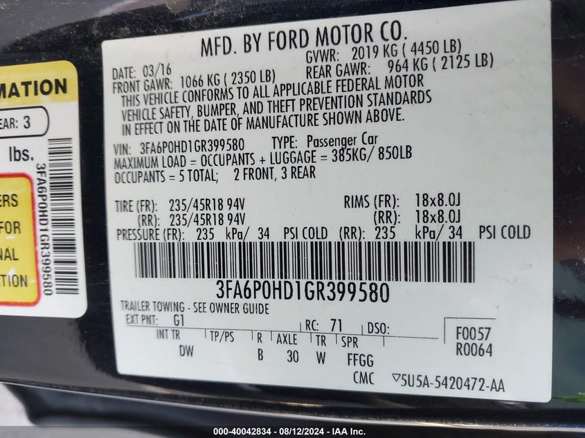 2016 Ford Fusion Se VIN: 3FA6P0HD1GR399580 Lot: 40042834