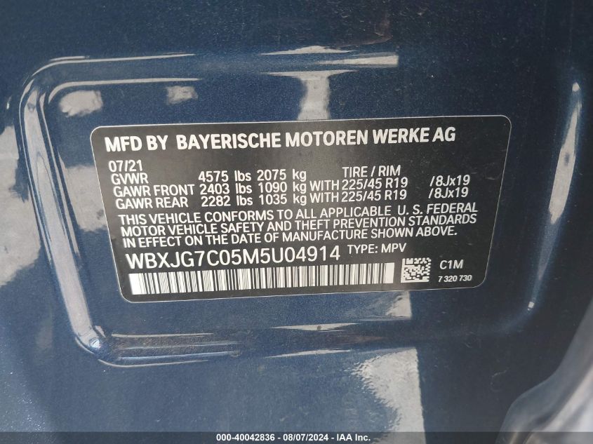 2021 BMW X1 Sdrive28I VIN: WBXJG7C05M5U04914 Lot: 40042836